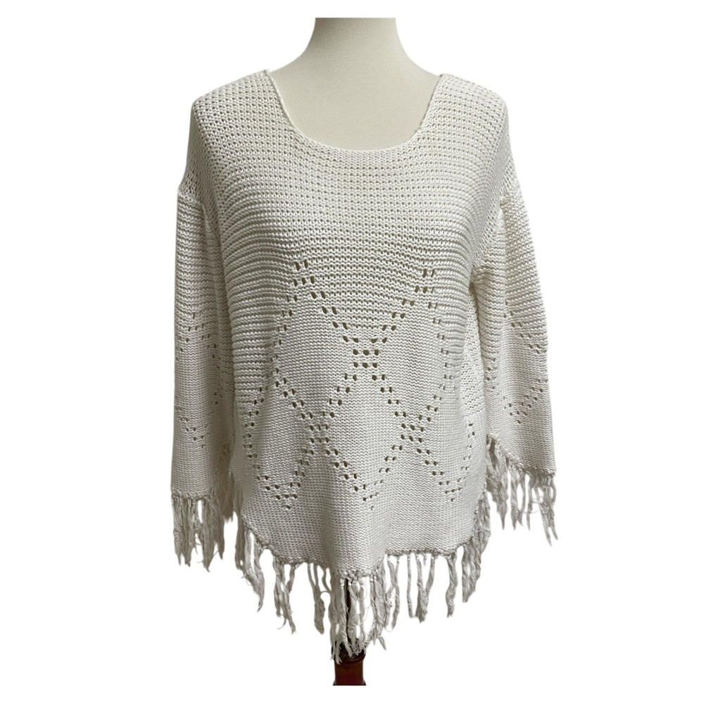 Back From Bali Knit Fringe Sweater Women M/L White